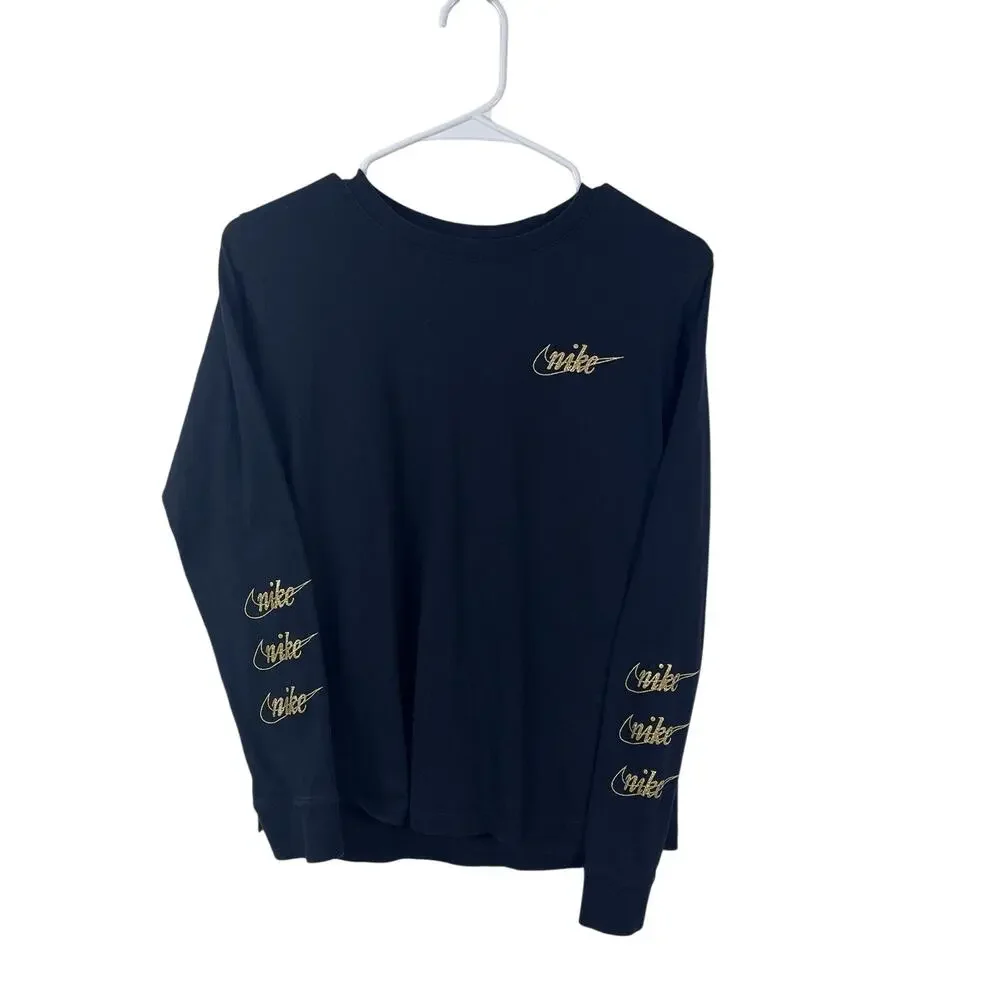 Nike Black long-sleeve t-shirt featuring metallic gold script logos Size Medium